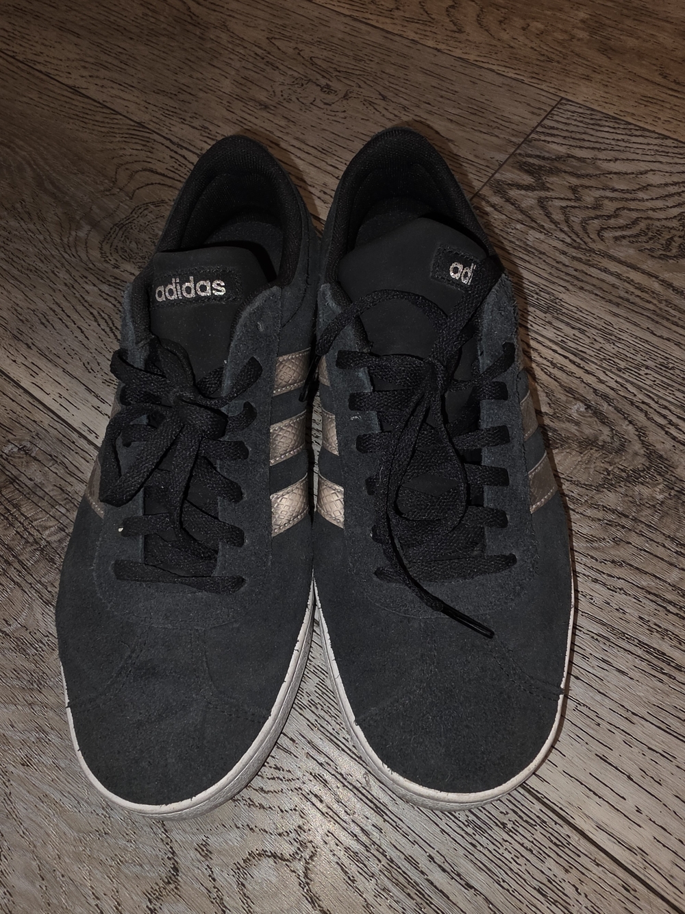 Adidas Women's Black Suede Sneakers with Metallic Stripes